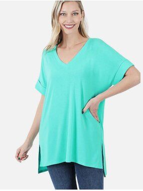 Zenana BRUSHED DTY ROLLED SHORT SLEEVE V-NECK TOP MINT XL NEW
